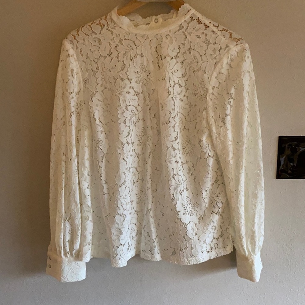Lace top with snap neck and wrist enclosures. Cute for holiday parties or work.
